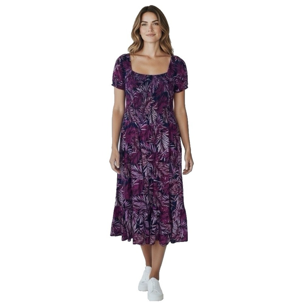 Soft Surroundings Purple Palm Midi Dress Large Tiered Smocked Boho Beach Summer